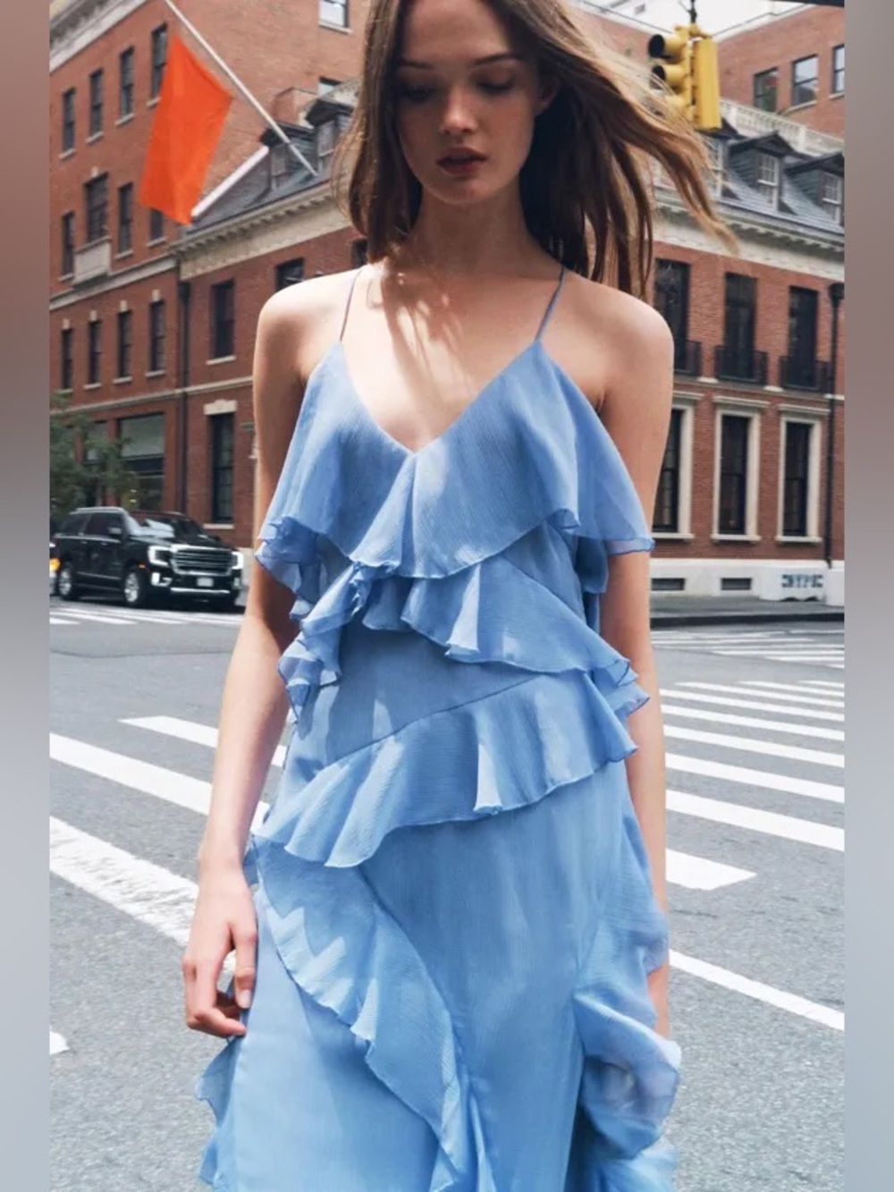 ZARA Zara Blue Cascading Ruffle Chiffon Maxi Dress Gown L NWT